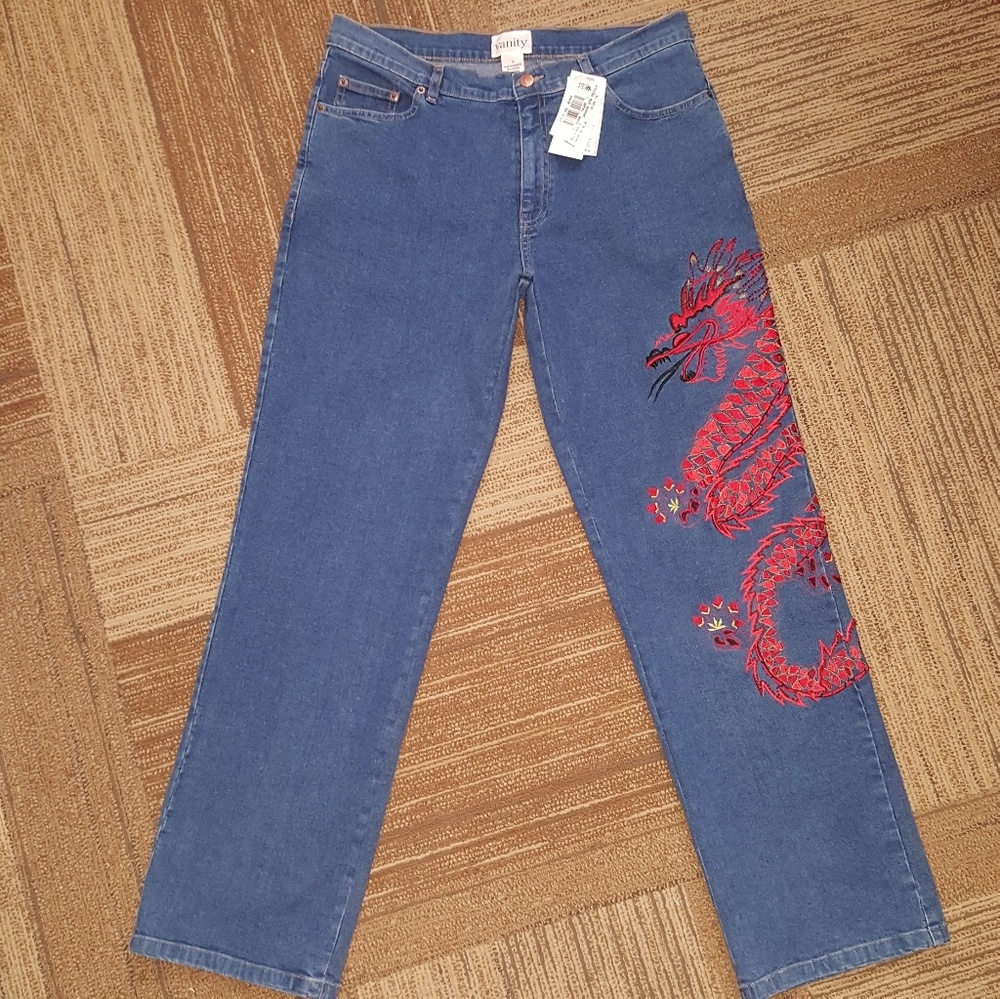 NWT Vanity Boho Embroidered Hippie Wide Leg Jeans